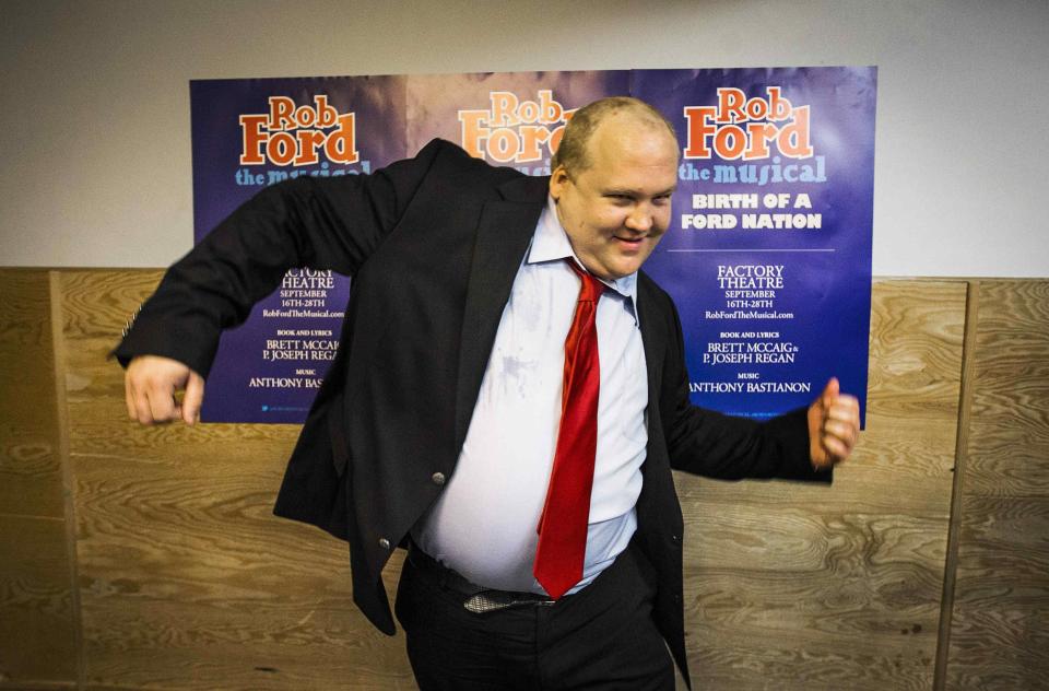 Geoff Stone dances during media interviews following his audition for "Rob Ford The Musical: The Birth of a Ford Nation" in Toronto