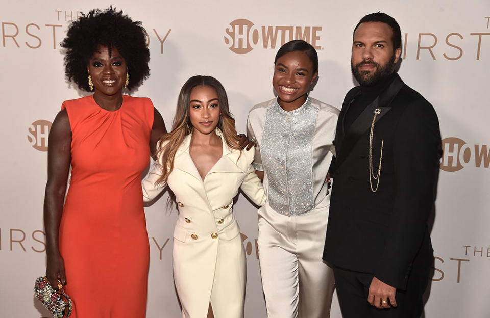 Viola Davis, Lexi Underwood, Saniyya Sidney and O-T Fagbenle catch up at the premiere for the series that finds them partnering to play the Obama family with Davis as Michelle, Fagbenle as Barack, Sidney as Sasha and Underwood as Malia. - Credit: Alberto E. Rodriguez/Getty Images