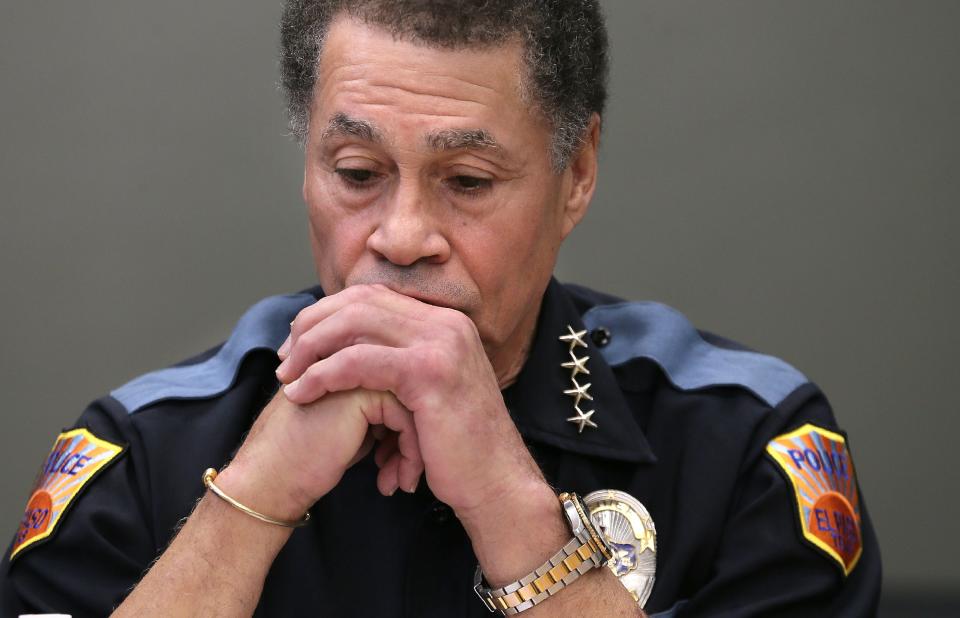 El Paso Police Chief Greg Allen appears exhausted during a press conference at the Office of Emergency Management following a mass shooting that killed 23 at a Walmart.