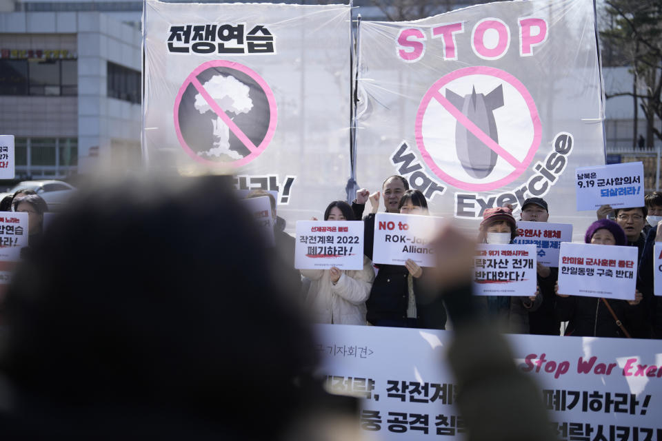 Protesters shout slogans during a rally demanding to stop the joint military exercises between the U.S. and South Korea, in Seoul, South Korea, Monday, March 4, 2024. South Korea and the United States began large annual military exercises Monday to bolster their readiness against North Korean nuclear threats after the North raised animosities with an extension of missile tests and belligerent rhetoric earlier this year. (AP Photo/Lee Jin-man)