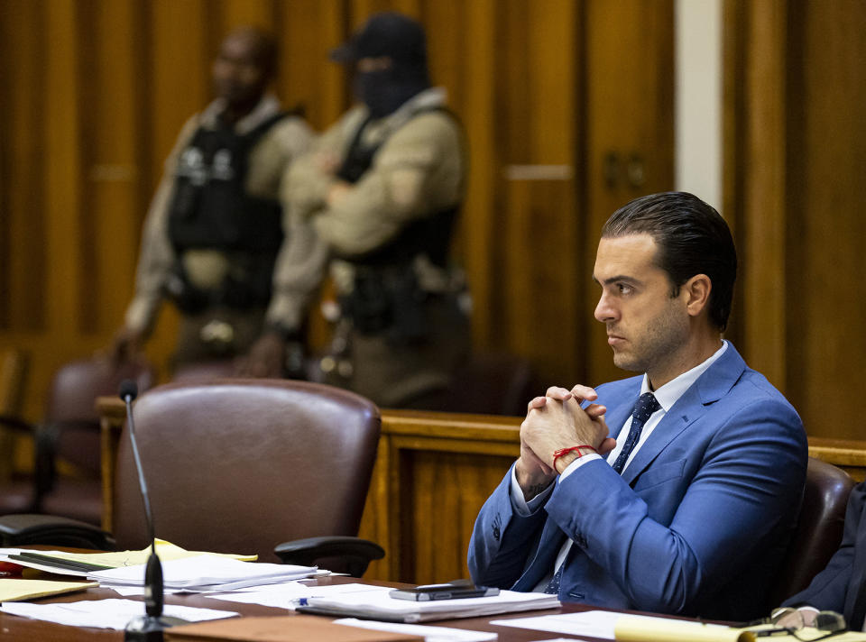 Pablo Lyle listens to Judge Marisa Tinkler Mendez during jury selection at the Miami-Dade Criminal Court on Sept. 21, 2022, in Miami. Lyle was convicted Tuesday, Oct. 4, 2022, of manslaughter after a road-rage incident. (Matias J. Ocner/Miami Herald/Tribune News Service via Getty Images)