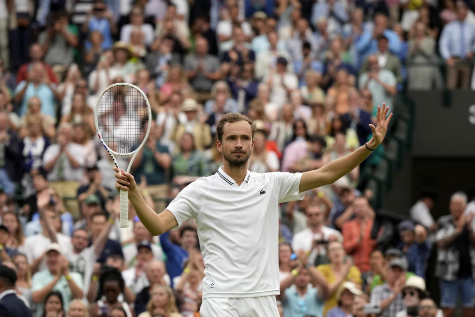 Russia's Daniil Medvedev celebrates after beating Christopher Eubanks of the US in their men's singles match on day ten of the Wimbledon tennis championships in London, Wednesday, July 12, 2023. (AP Photo/Alastair Grant)