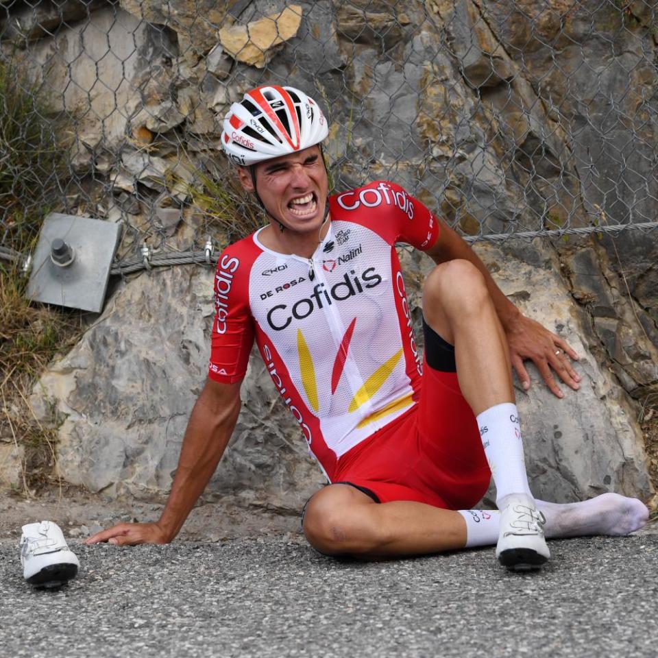 Anthony Perez of Cofidis Solutions Credits looks in pain after a crash on Stage 3 from Nice to Sisteron.