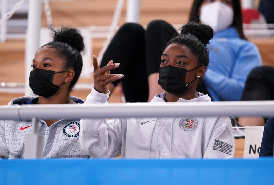 USA's Simone Biles watches the Artistic Gymnastics Women's All-Around Final at the Ariake Gymnastics Centre on the sixth day of the Tokyo 2020 Olympic Games in Japan. Picture date: Thursday July 29, 2021. (Photo by Mike Egerton/PA Images via Getty Images)