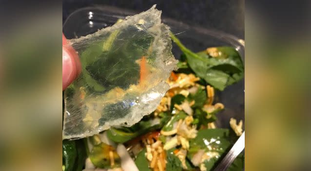 Deb Larks claimed to have found a huge chuck of plastic in a Woolworths salad. Photo: Supplied