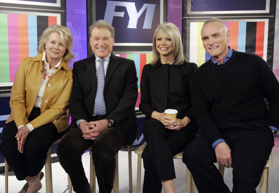 FILE - Cast members of the "Murphy Brown" TV series, from left, Candice Bergen, Charles Kimbrough, Faith Ford and Joe Regalbuto, pose for a photo as they are reunited for a segment of the NBC "Today" program in New York, Feb. 27, 2008. Kimbrough, a Tony- and Emmy-nominated actor who played a straight-laced news anchor opposite Candice Bergen on "Murphy Brown," died Jan. 11, 2023, in Culver City, Calif. He was 86. The New York Times first reported his death Sunday, Feb 5. (AP Photo/Richard Drew, File)