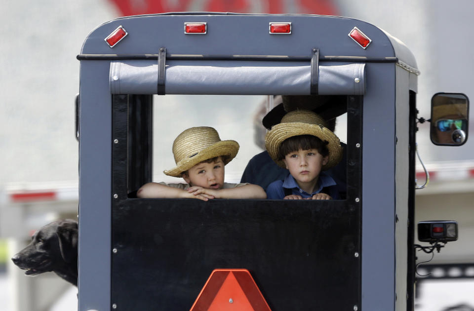 Two boys ride in the back of a horse-drawn buggy stopped at a traffic light, Wednesday, May 29, 2019, in Lancaster County, near Gap, Pa. (AP Photo/Jacqueline Larma)