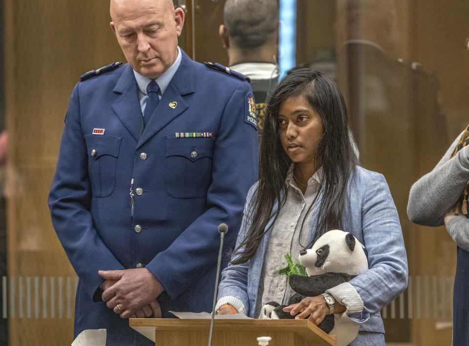 Weedad Mohamedhosen gives her victim impact statement during the sentencing hearing for Australian Brenton Harrison Tarrant at the Christchurch High Court after Tarrant pleaded guilty to 51 counts of murder, 40 counts of attempted murder and one count of terrorism in Christchurch, New Zealand, Wednesday, Aug. 26, 2020. More than 60 survivors and family members will confront the New Zealand mosque gunman this week when he appears in court to be sentenced for his crimes in the worst atrocity in the nation's modern history. (John Kirk-Anderson/Pool Photo via AP)