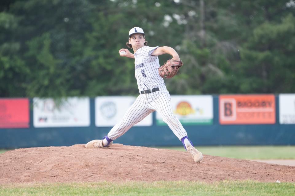Lakeview junior Jake Kucharczyk pitches during a regional playoff game against Okemos at DeWitt High School on Wednesday, June 7, 2023.