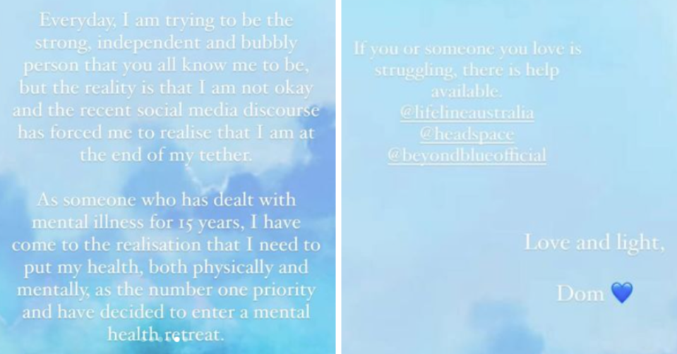 Dom's statement about her mental health. Photo: Instagram.com