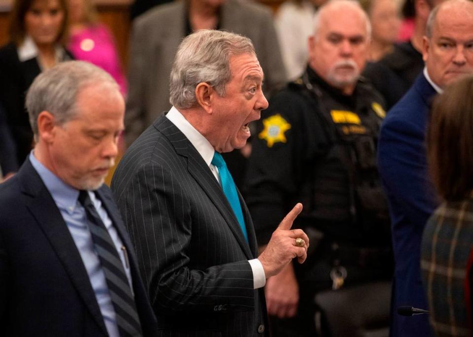 Defense attorney Dick Harpootlian reacts to judge Jean Toal during the Alex Murdaugh jury-tampering hearing at the Richland County Judicial Center on Monday, January 29, 2024 in Columbia, South Carolina. The hearing allegations against Colleton County Clerk of Court Rebecca “Becky” Hill ruled by former S.C. Chief Justice Jean Toal.