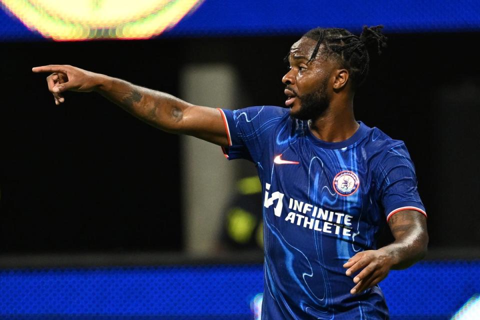 Chelsea's Raheem Sterling reacts during the pre-season friendly (Chelsea FC via Getty Images)