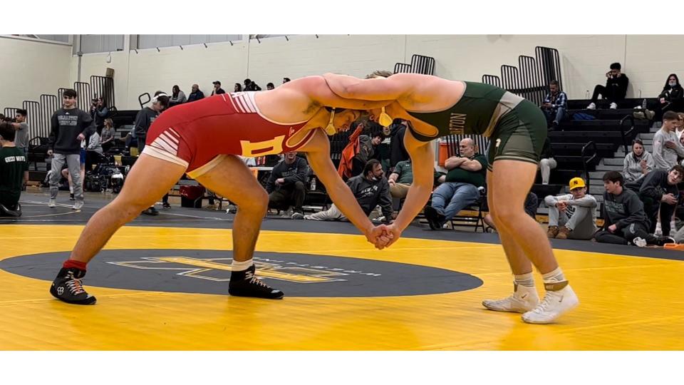 Delsea junior Luke Maxwell (left) works in neutral against Delbarton's Austin Quandt during their meeting at the Jack Welch Duals at Moorestown High School on Saturday, January 22, 2022.