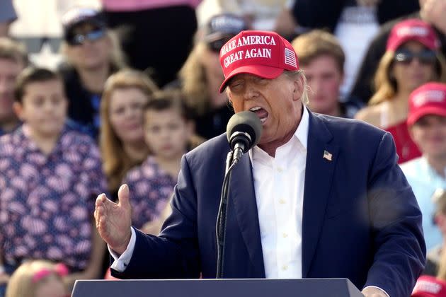 Former President Donald Trump speaks at a Buckeye Values PAC rally on Saturday, March 16, 2024, in Vandalia, Ohio. 