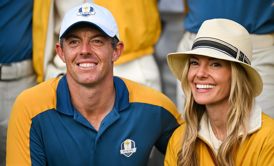 Rome , Italy - 1 October 2023; Rory McIlroy of Europe with his wife Erica McIlroy after the singles matches on the final day of the 2023 Ryder Cup at Marco Simone Golf and Country Club in Rome, Italy. (Photo By Brendan Moran/Sportsfile via Getty Images)