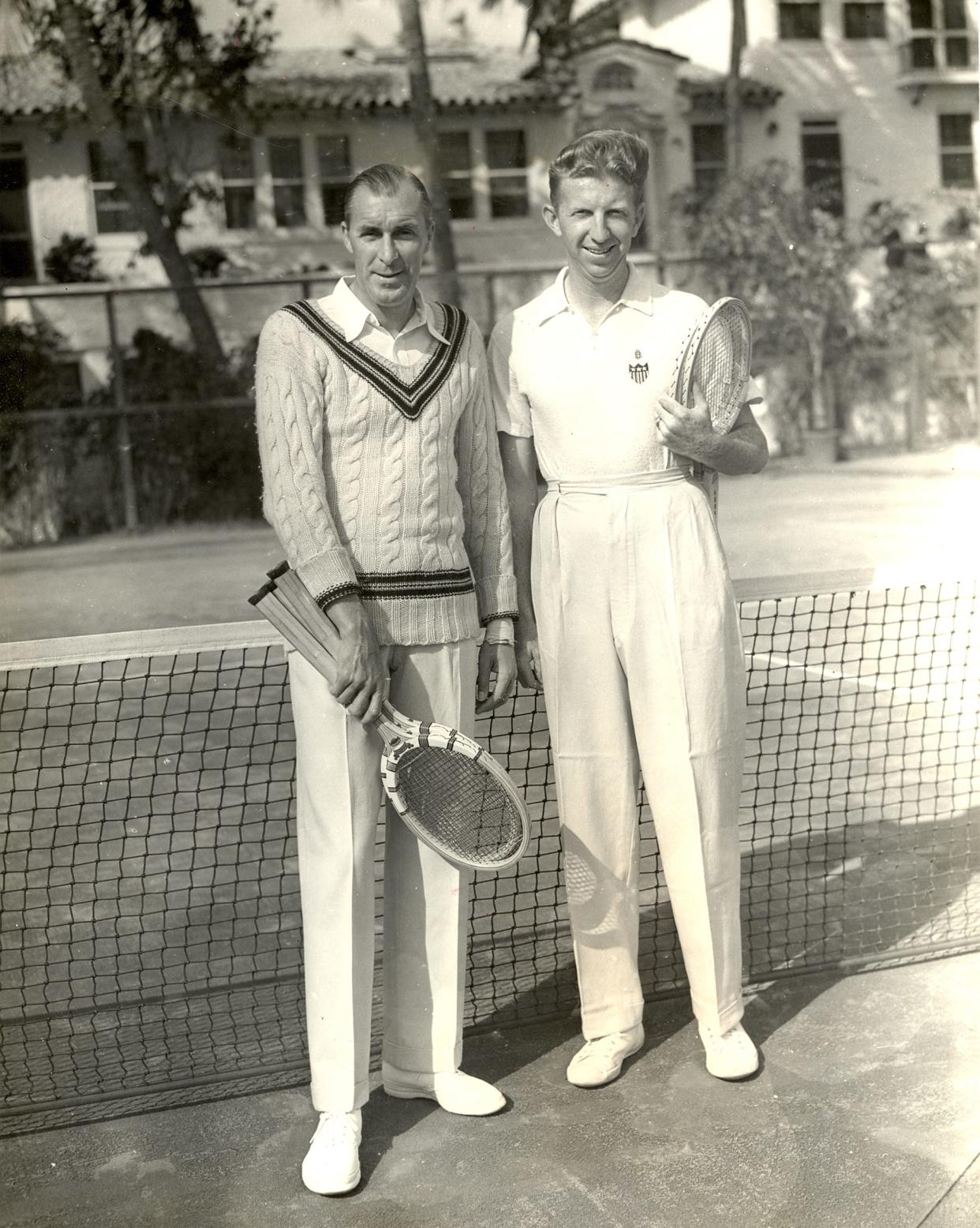 Tennis greats Bill Tilden, left, and Don Budge played in an exhibition at the Everglades Club in Palm Beach in 1940. Budge defeated Tilden, 22 years his elder, 6-3, 6-3, but Tilden was taken by how many people attended the match. 'But see how they still turn out (for me)?' he is reported to have said. 'Probably expecting to see me topple over.'