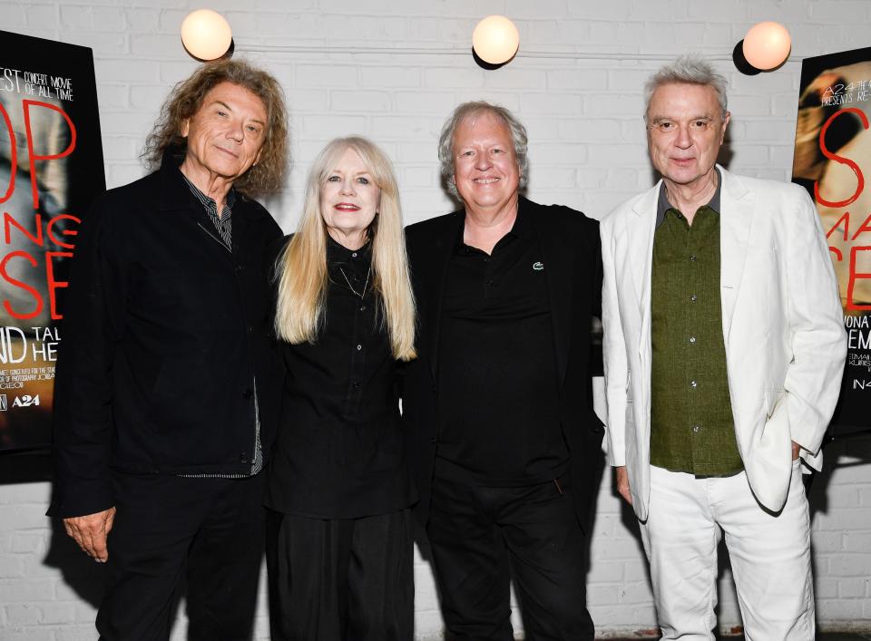 Talking Heads members Jerry Harrison, left, Tina Weymouth, Chris Frantz and David Byrne at a screening in New York earlier this month.