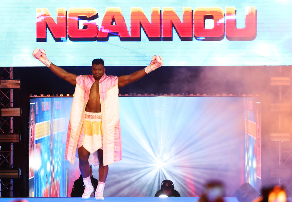 RIYADH, SAUDI ARABIA - MARCH 08: Francis Ngannou walks to the ring during his ring-walk prior to the Heavyweight fight between Anthony Joshua and Francis Ngannou on the Knockout Chaos boxing card at the Kingdom Arena on March 08, 2024 in Riyadh, Saudi Arabia. (Photo by Richard Pelham/Getty Images)