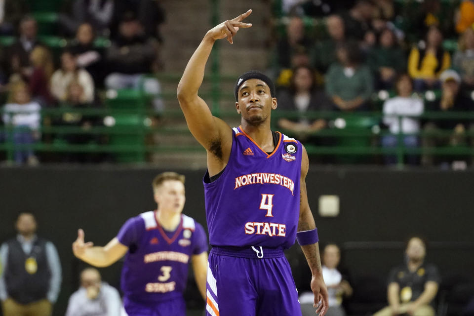 Northwestern State guard JaMonta' Black (4) reacts to scoring a three pointer during the first half of an NCAA college basketball game against the Baylor in Waco, Texas, Tuesday, Dec. 20, 2022. (AP Photo/LM Otero)