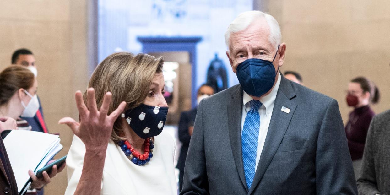 House Speaker Nancy Pelosi and House Majority Leader Steny Hoyer outside of the Speaker’s office in the Capitol on January 20, 2022.