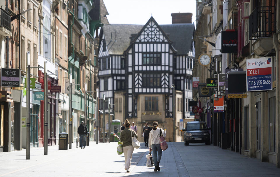 FILE - In this file photo dated April 17, 2020, showing nearly empty streets in Leicester to help curb the spread of the coronavirus. The English city of Leicester is reported Sunday June 28, 2020, to be suffering from a spike in coronavirus cases, leading to speculation that the city could be subject to Britain's first local COVID-19 lockdown later this week. (Joe Giddens/PA via AP)