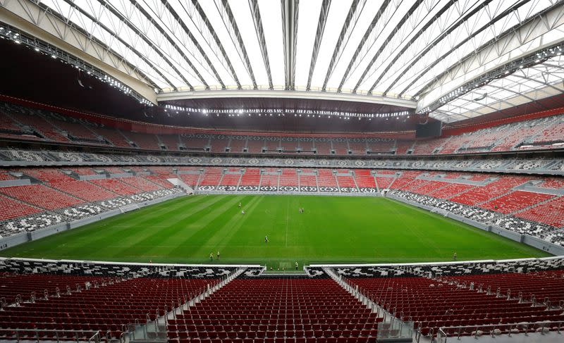 A general view shows the Al Bayt stadium, built for the upcoming 2022 FIFA World Cup soccer championship, during a stadium tour in Al Khor