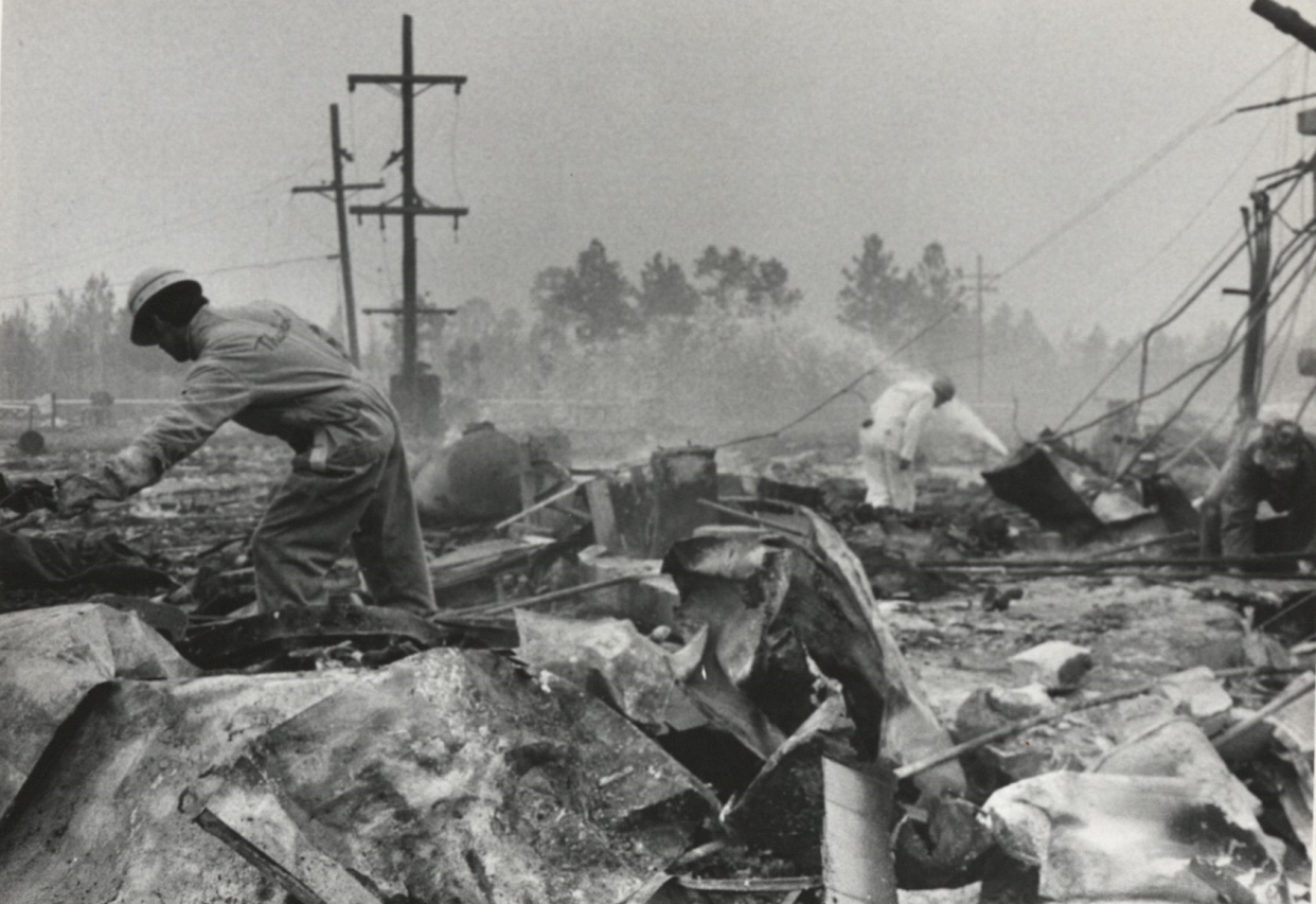 Thiokol workers search through the rubble of building M132 at the Thiokol Chemical plant in Woodbine, Georgia, following an explosion that killed 30 people on Feb. 3, 1971.