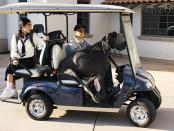 George gets a lift in a golf cart.