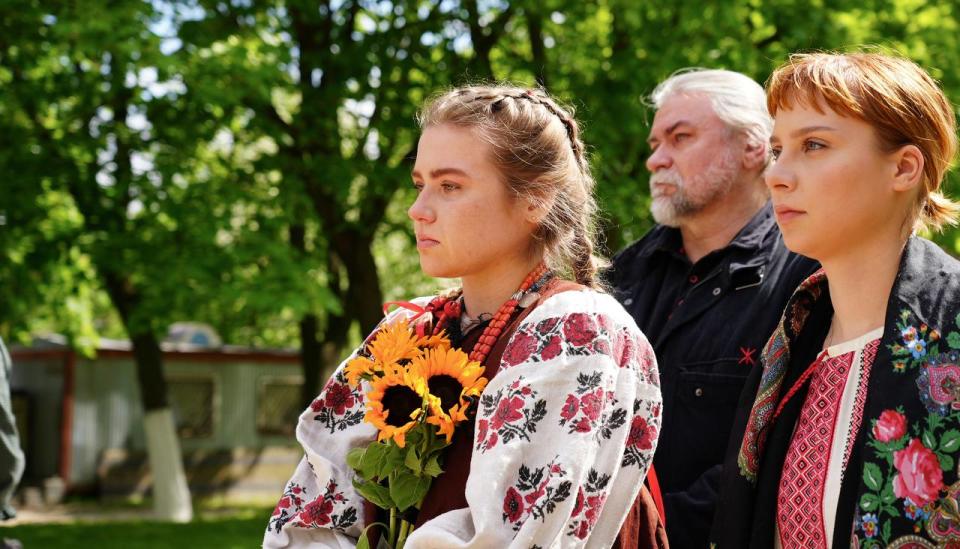 Ivanna Sanina at the funeral of fiance and U.S. volunteer fighter in Kyiv on May 5, 2023. (Dymtro Sanin/Courtesy)