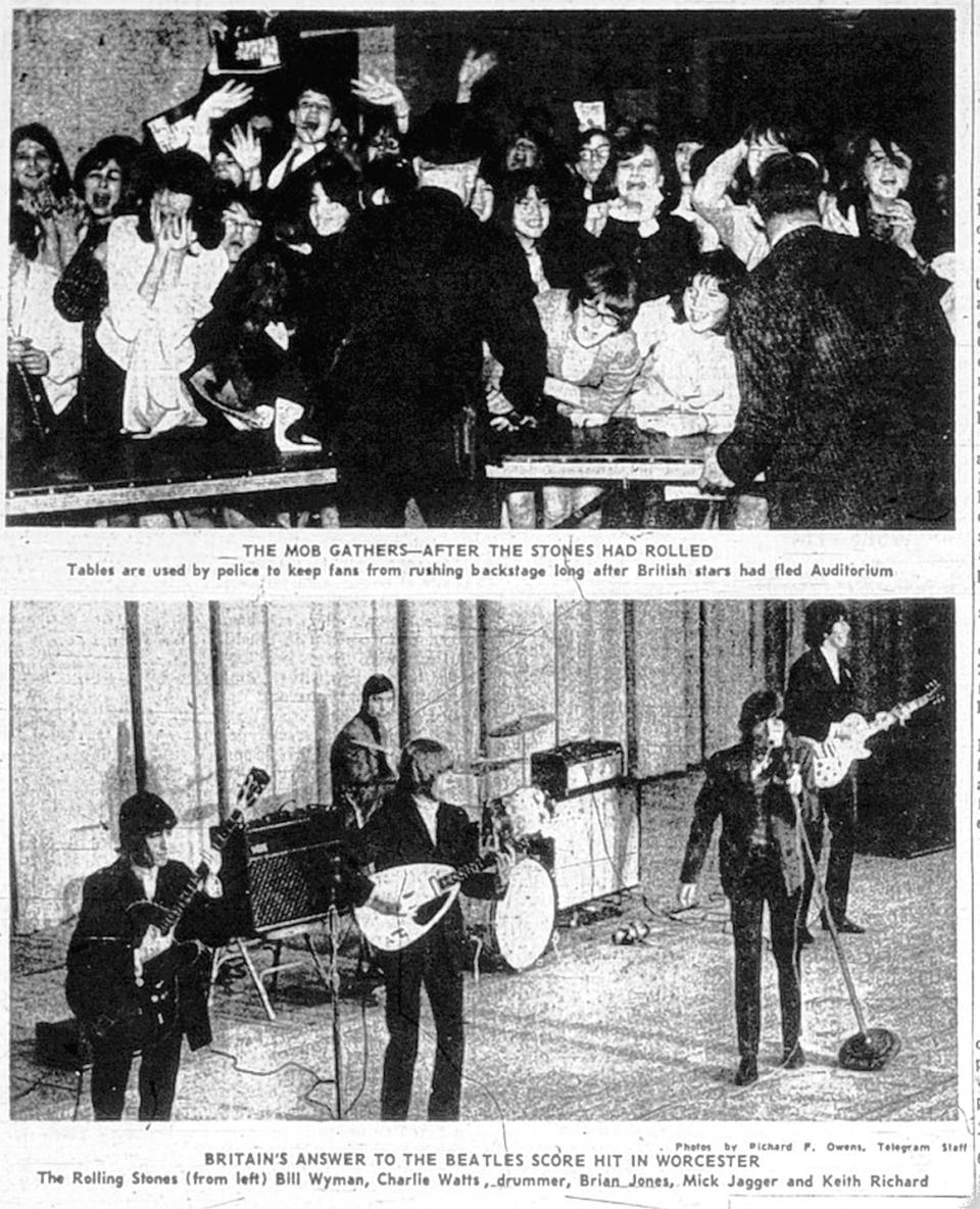 Two photos from the May 1, 1965, edition of the Worcester Telegram covering the Rolling Stones' performance April 30, 1965, at the Worcester Memorial Auditorium.