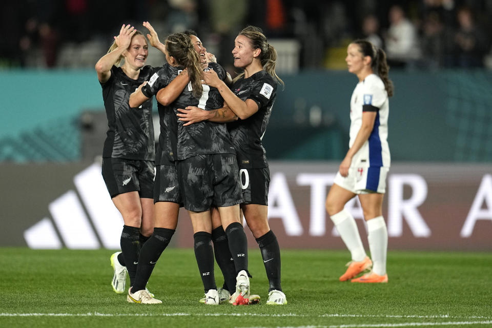 New Zealand's players celebrate at the end of the Women's World Cup soccer match between New Zealand and Norway in Auckland, New Zealand, Thursday, July 20, 2023. (AP Photo/Abbie Parr)