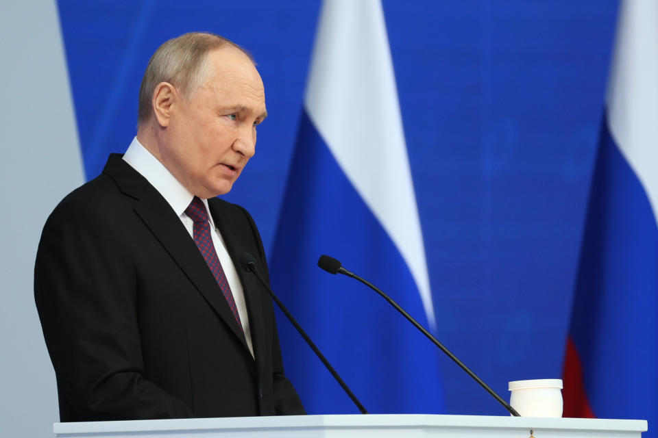 Russian President Vladimir Putin delivers his state-of-the-nation address in Moscow, Russia, Thursday, Feb. 29, 2024. (Gavriil Grigorov, Sputnik, Kremlin Pool Photo via AP)