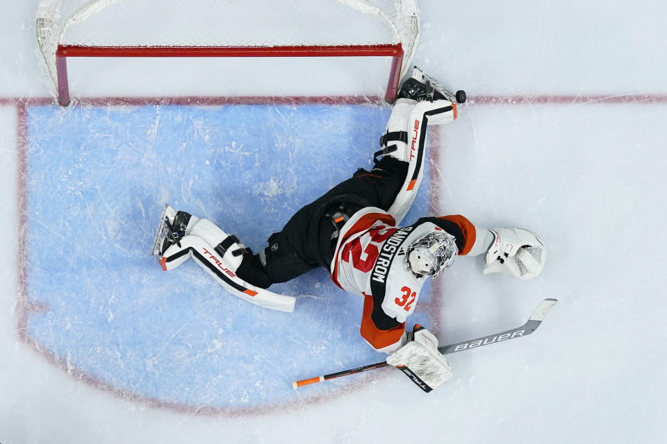 Philadelphia Flyers' Felix Sandstrom blocks a shot during the third period of an NHL hockey game against the Ottawa Senators, Saturday, March 2, 2024, in Philadelphia. (AP Photo/Matt Slocum)