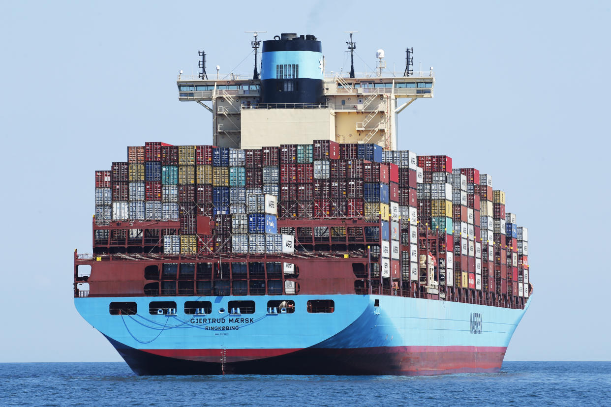 The container ship Gjertrud Maersk, anchored off the coast of Virginia Beach Monday June 29, 2020. The ship was anchored as it waited for a pilot to take it into port. (AP Photo/Steve Helber)
