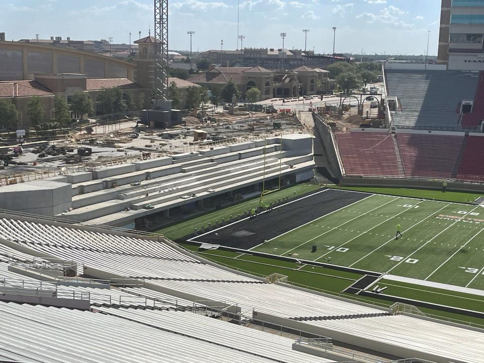 A photo of Jones AT&T Stadium on Friday afternoon shows the progress of the south end zone building project. The four-level building is scheduled to be complete in time for the 2024 season.