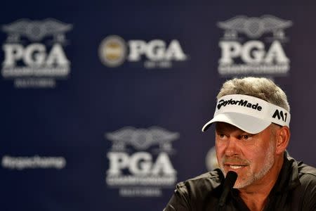 Jul 27, 2016; Springfield, NJ, USA; Darren Clarke speaks at a press conference during a practice round for the 2016 PGA Championship golf tournament at Baltusrol GC - Lower Course. Eric Sucar-USA TODAY Sports