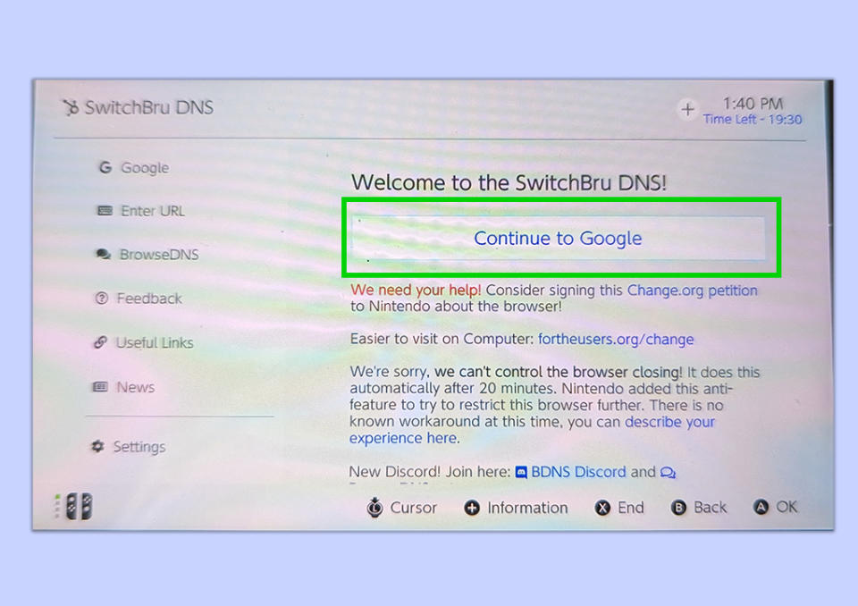 Screenshot of the Nintendo Switch screen showing how to access the hidden web browser.