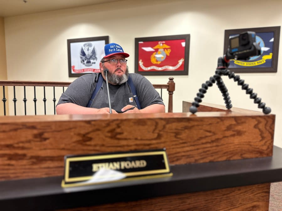 Chesterfield County Councilman Ethan Foard’s proposal to require county staff to record all committee meetings and post the recordings online was voted down on April 5, 2023. Foard vowed to attend and record every committee meeting until county council agrees to record and post the meeting videos to the county’s YouTube channel. (WJZY Photo/Jody Barr)