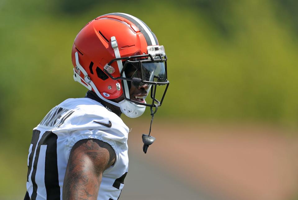 Cleveland Browns cornerback Greg Newsome II surveys the field during the NFL football team's football training camp in Berea on Wednesday.