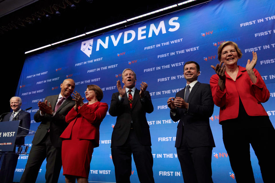 Democratic presidential hopefuls (From L) former Vice President Joe Biden, New Jersey Senator Cory Booker, Minnesota Senator Amy Klobuchar, US philanthropist Tom Steyer, Mayor of South Bend, Indiana, Pete Buttigieg and Massachusetts Senator Elizabeth Warren appear on stage at First at "First in the West" event in Las Vegas, Nevada on Nov. 17, 2019. (Photo: Bridget Bennett/AFP via Getty Images)