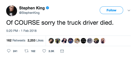 King tweeted he was sorry the truck driver had died