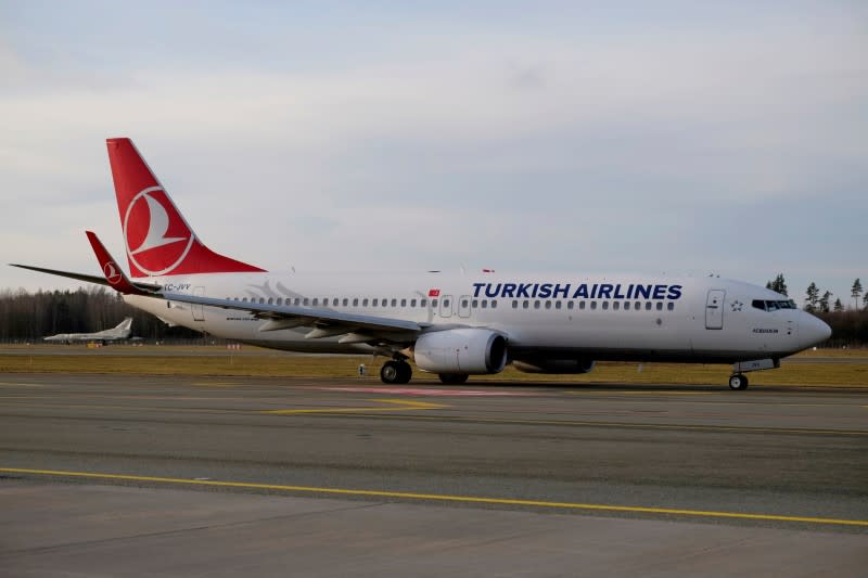 Turkish Airlines Boeing 737-800 plane TC-JVV taxies to take-off in Riga International Airport