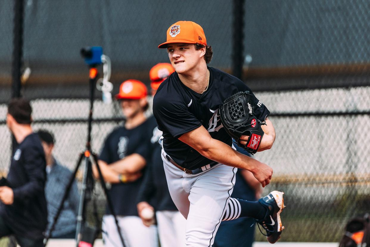 Jackson Jobe at a spring training workout at Joker Marchant Stadium in Lakeland, Florida on February 16, 2024.