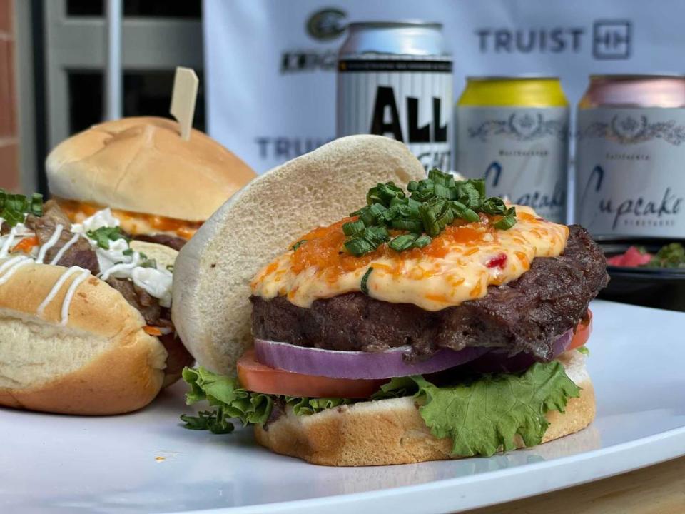 Go for the Knights game, stay for the food, such as this Dragon’s Breath Burger topped with pimento cheese and habanero pepper relish.