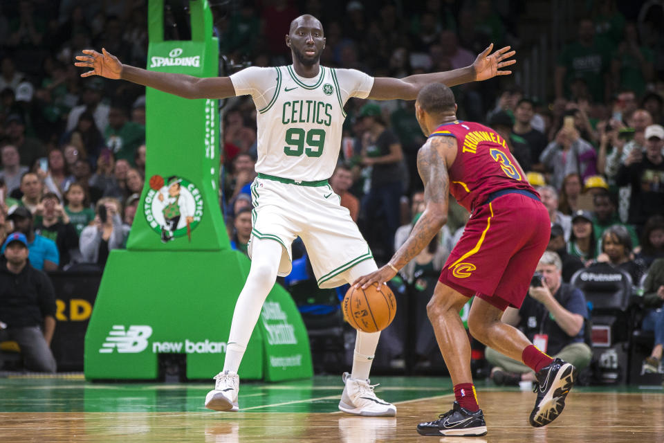 BOSTON - OCTOBER 13: Boston Celtics center Tacko Fall (99) covers Cleveland Cavaliers guard Sindarius Thornwell (3) during the fourth quarter. The Boston Celtics host the Cleveland Cavaliers in a pre-season NBA basketball game at TD Garden in Boston on Oct. 13, 2019. (Photo by Nic Antaya for The Boston Globe via Getty Images)