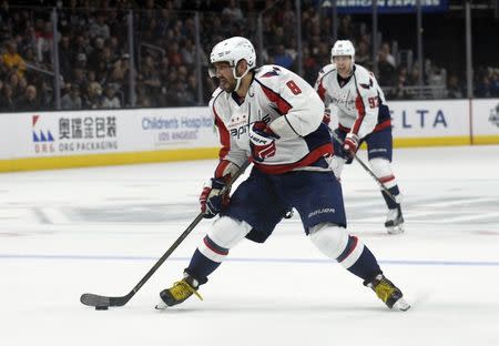 March 11, 2017; Los Angeles, CA, USA; Washington Capitals left wing Alex Ovechkin (8) moves in on goal against the Los Angeles Kings during the first period at Staples Center. Mandatory Credit: Gary A. Vasquez-USA TODAY Sports