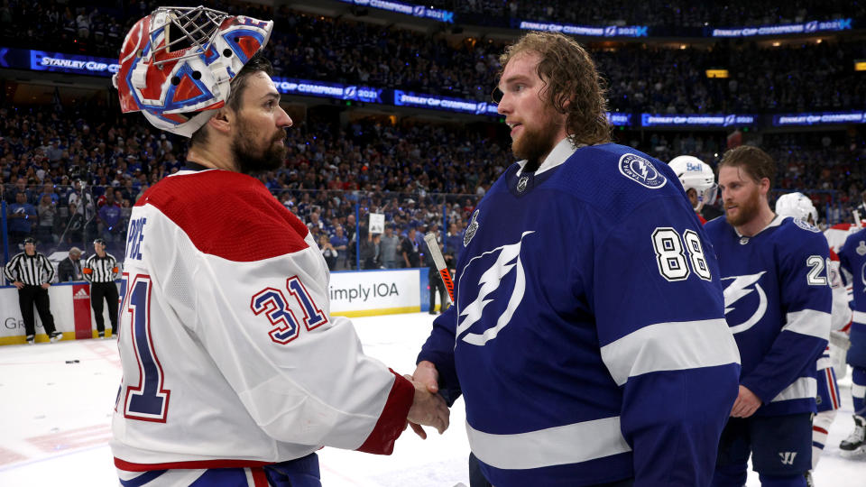 TAMPA, FLORIDA - JULY 07: Game Five of the 2021 Stanley Cup Final between the Montreal Canadiens and the Tampa Bay Lightning at Amalie Arena on July 07, 2021 in Tampa, Florida. (Photo by Dave Sandford/NHLI via Getty Images)