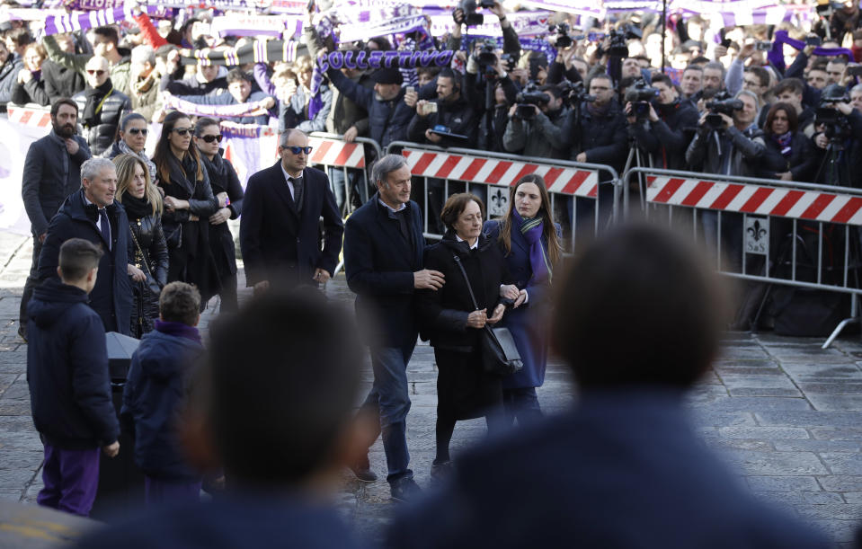 <p>Relatives arrive for the funeral ceremony of Italian player Davide Astori in Florence, Italy, Thursday, March 8, 2018. The 31-year-old Astori was found dead in his hotel room on Sunday after a suspected cardiac arrest before his team was set to play an Italian league match at Udinese. (AP Photo/Alessandra Tarantino) </p>