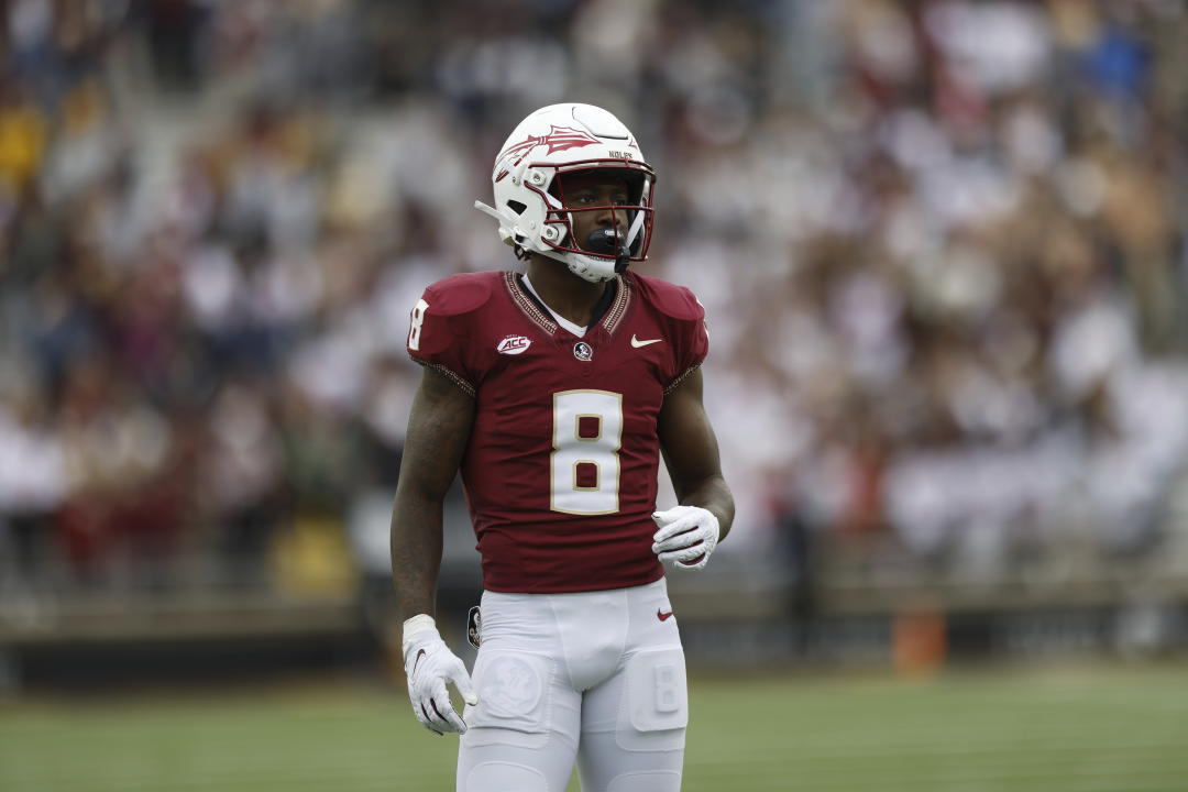 Florida State defensive back Renardo Green (8) reacts during the second half of an NCAA football game against the Boston College Eagles on Saturday, Sept. 16, 2023, in Chestnut Hill, Mass. (AP Photo/Greg M. Cooper)