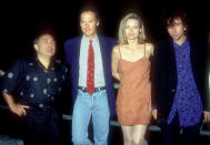 <p>Danny DeVito, Michael Keaton, Michelle Pfeiffer and Tim Burton (Photo by Barry King/WireImage)</p> 